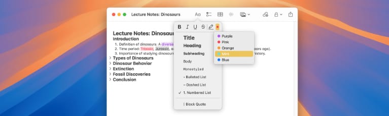 macOS 15 Sequoia 為「筆記」應用程式新增折疊內容和高亮顯示，提升筆記效率